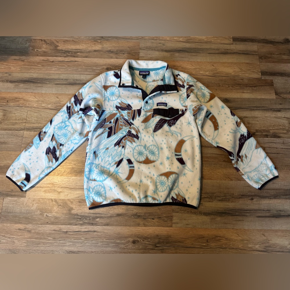 💚Patagonia Synchilla Fleece Owl Design in Cream and Blue